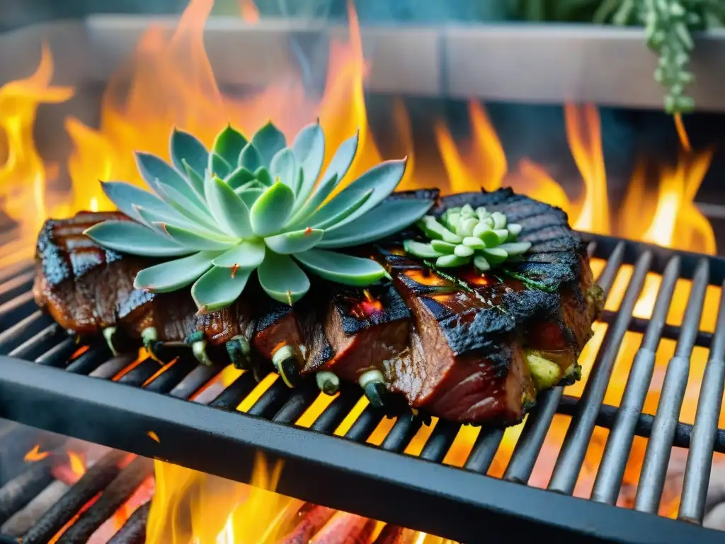 Un suculento Asado de Tira con chimichurri, rodeado de hierbas frescas y limones, cocinado a la parrilla