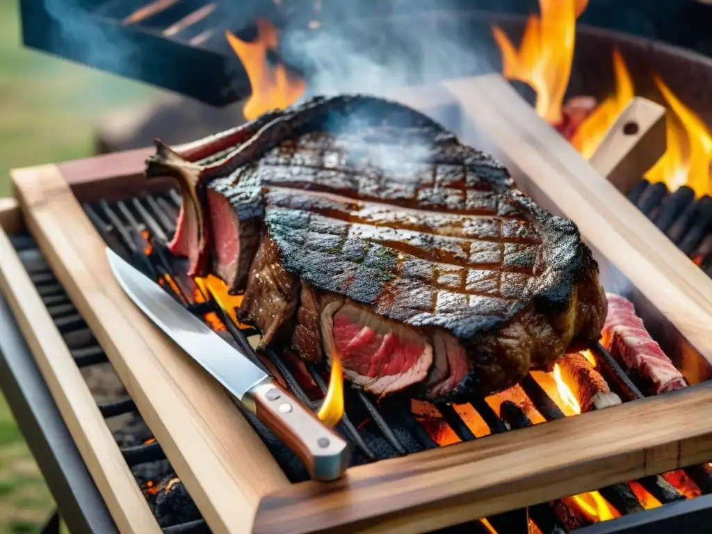 Suculento asado uruguayo con carne jugosa cocinándose en la parrilla, cuchillo y tabla de madera