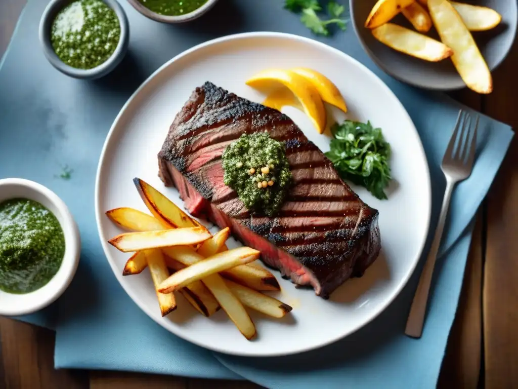 Un suculento asado uruguayo con chimichurri y papas fritas doradas