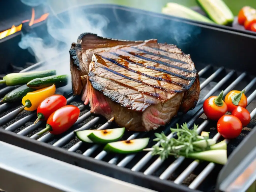 Un suculento asado uruguayo con cortes magros en la parrilla, rodeado de coloridas verduras a la parrilla y hierbas frescas