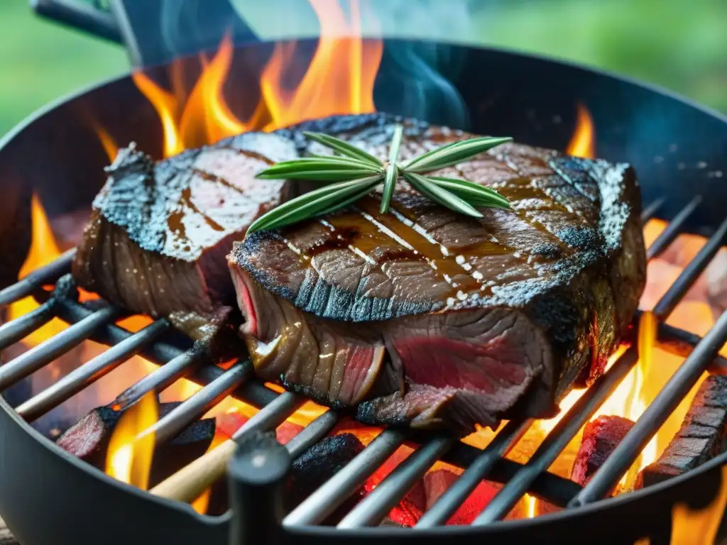 Un suculento asado uruguayo en eventos: carne marmoleada sizzling en la parrilla, chimichurri y campo verde bajo cielo azul