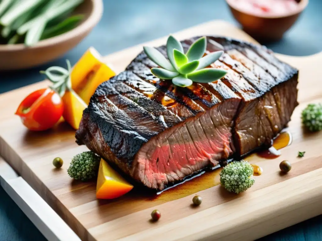 Suculento asado uruguayo con grasas saludables, hierbas frescas y vegetales coloridos en tabla de madera