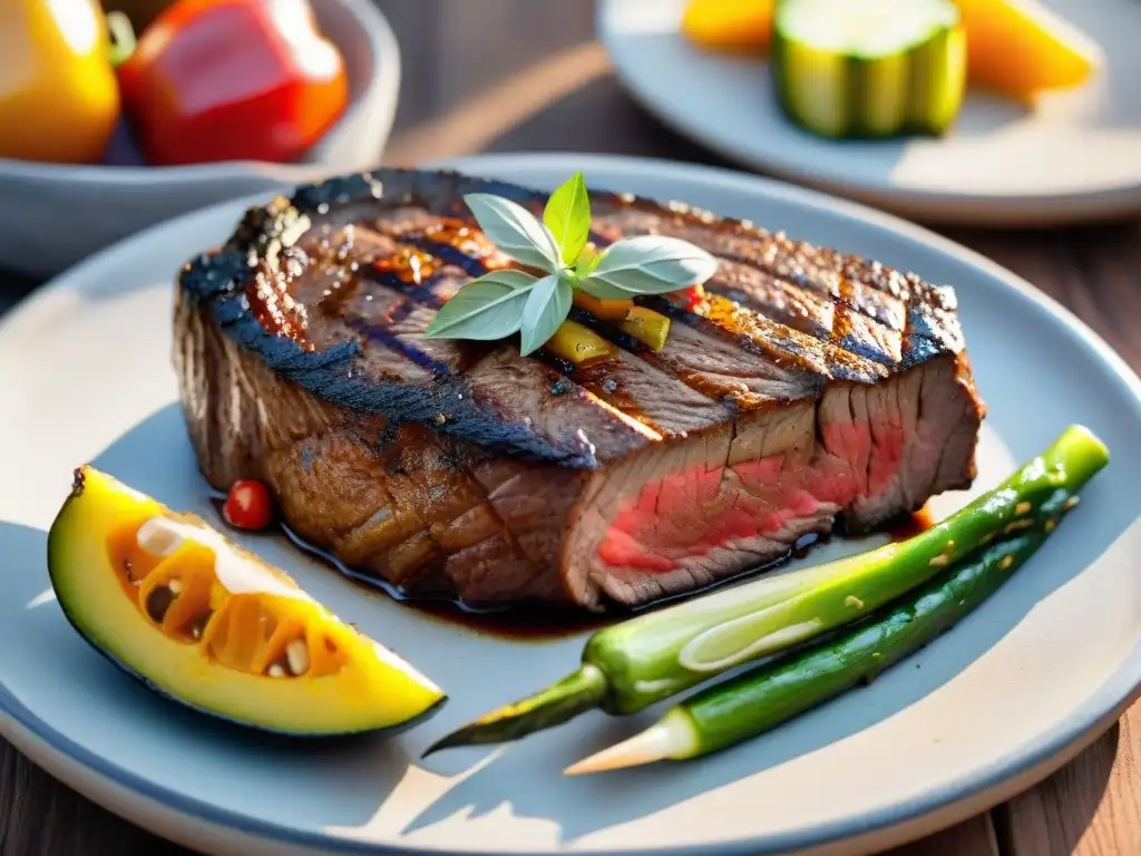 Un suculento asado uruguayo con grasas saludables, steak a la parrilla y vegetales coloridos en un entorno acogedor al aire libre al atardecer