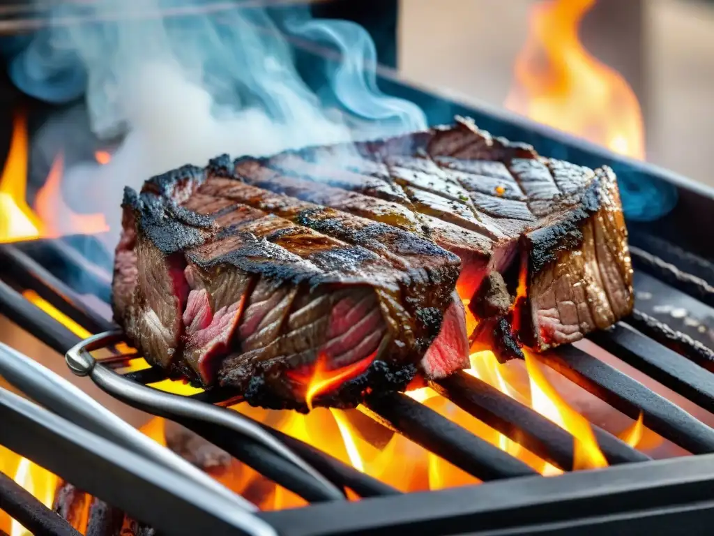 Un suculento asado uruguayo en una parrilla tradicional, con llamas y humo, capturando la esencia de las parrillas en Uruguay