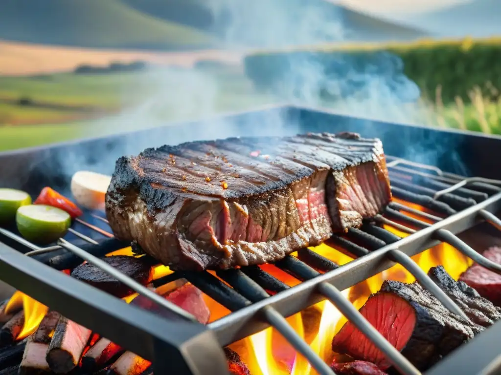 Asado uruguayo: jugoso steak en parrilla campestre Suculento asado uruguayo en parrilla tradicional, con carne jugosa y chimichurri