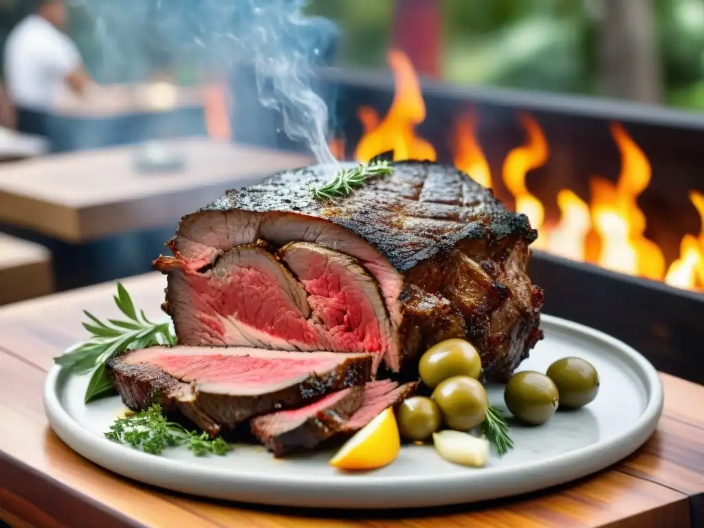 Un suculento asado uruguayo en parrilla con técnicas avanzadas, rodeado de invitados ansiosos