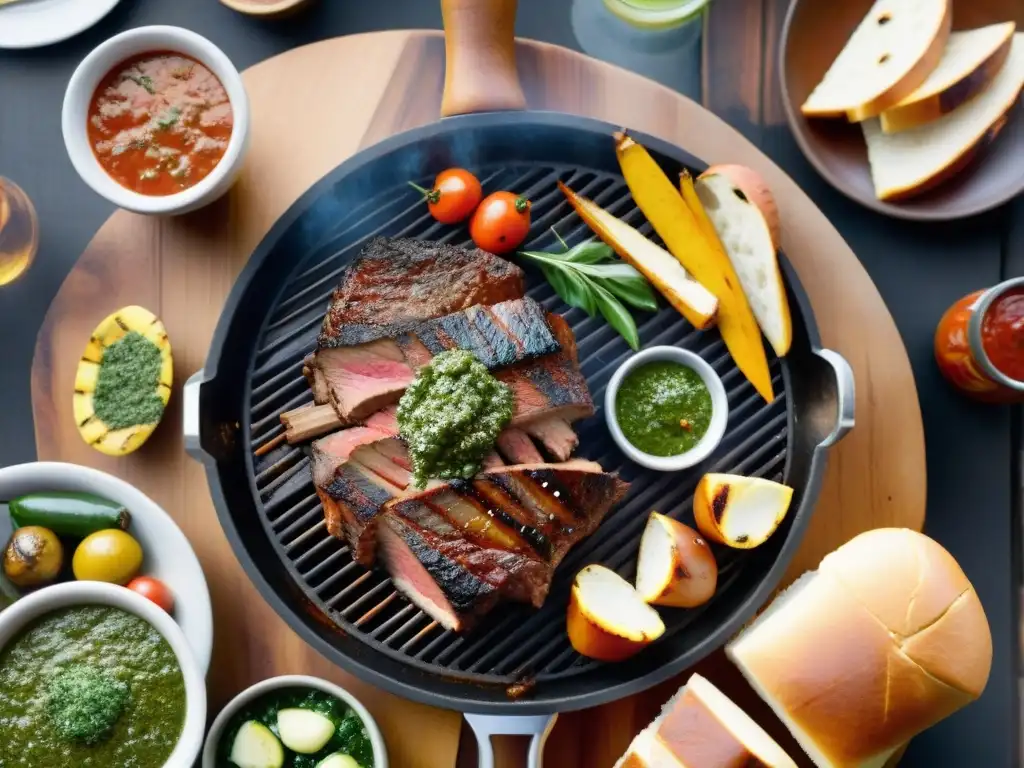 Un suculento asado uruguayo en parrilla, con carnes jugosas y chimichurri, en un ambiente cálido con amigos