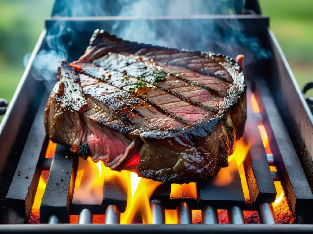 Un suculento asado uruguayo cocinándose a la perfección en una parrilla tradicional, rodeado de brasas brillantes y un paisaje campestre exuberante