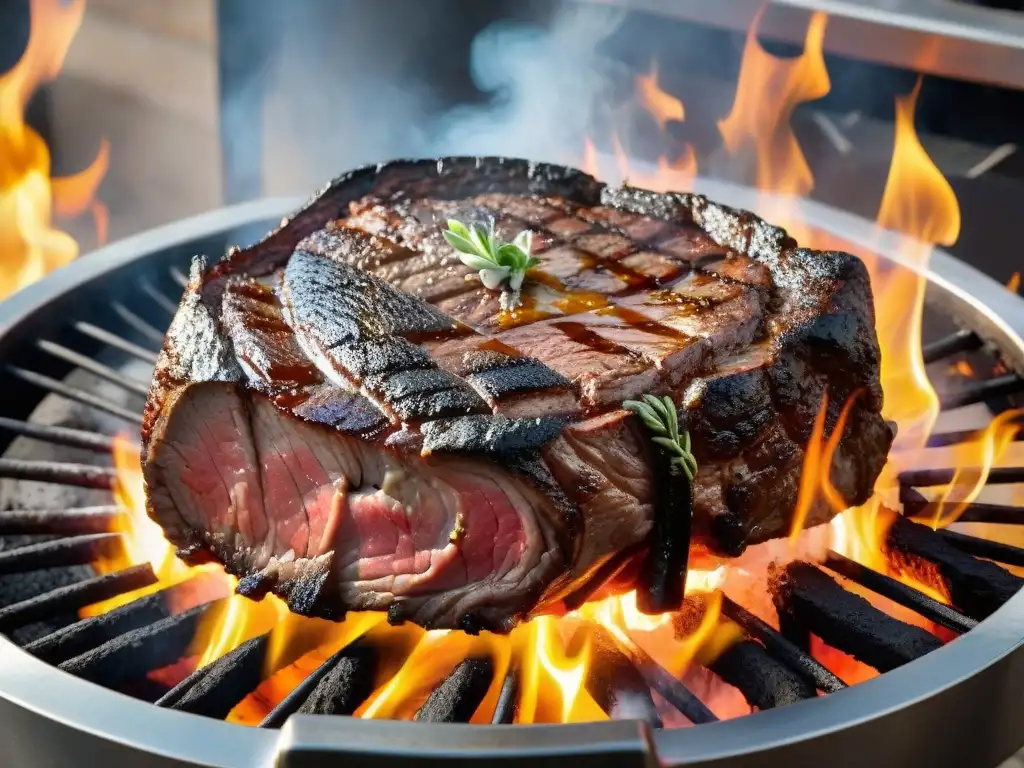 Un suculento asado uruguayo con un ribeye perfectamente cocido en la parrilla, rodeado de llamas y humo, destacando la importancia del asado uruguayo