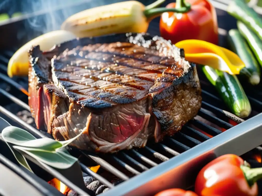 Un suculento asado uruguayo con ribeye a la parrilla y vegetales, ideal para la salud cardiovascular