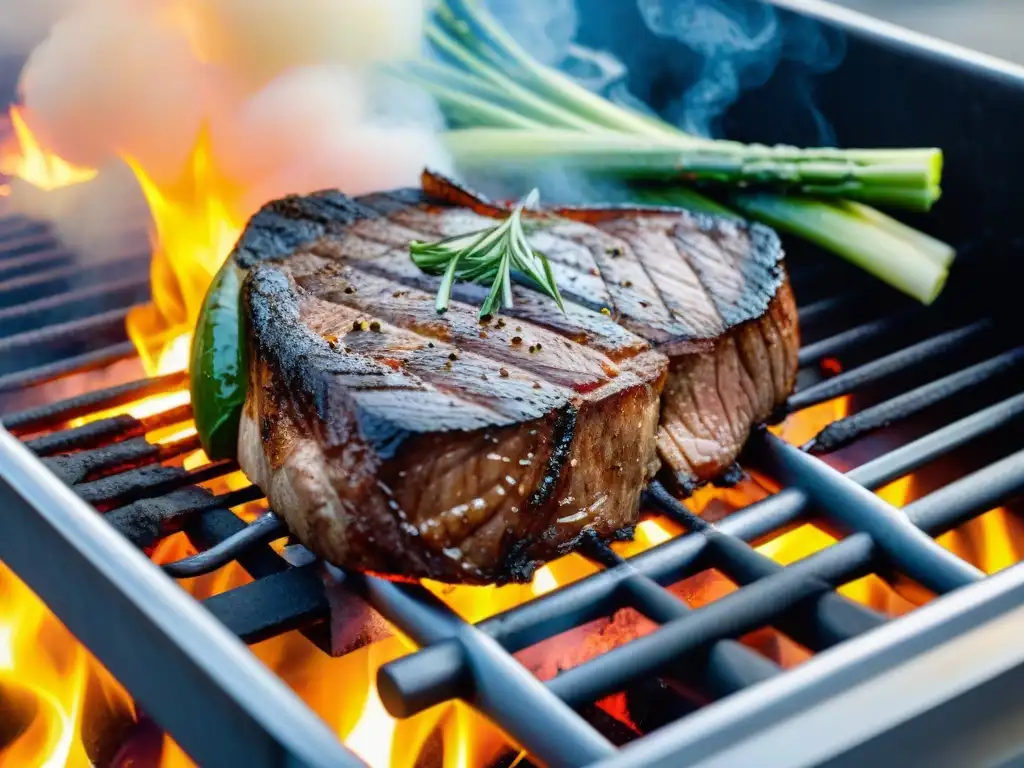 Delicioso filete a la parrilla con vegetales asados Un suculento asado con vegetales a la parrilla, iluminado para fotos gastronómicas asado