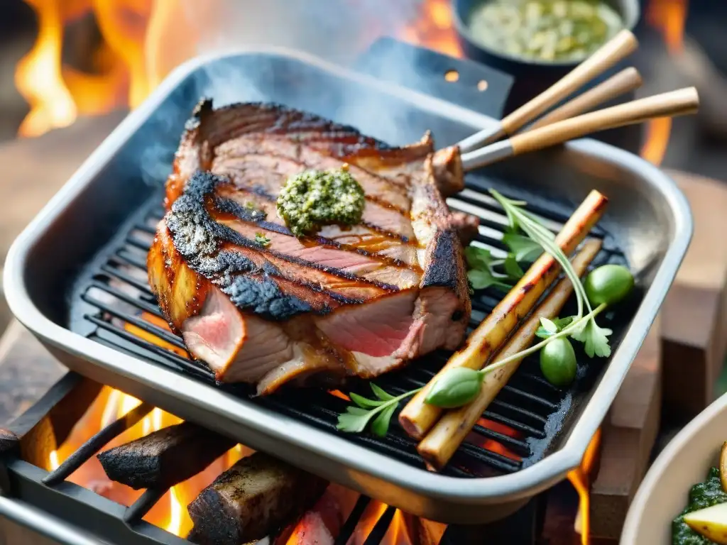 Un suculento carré de cerdo asado a la parrilla con chimichurri y vegetales, evocando un auténtico asado uruguayo