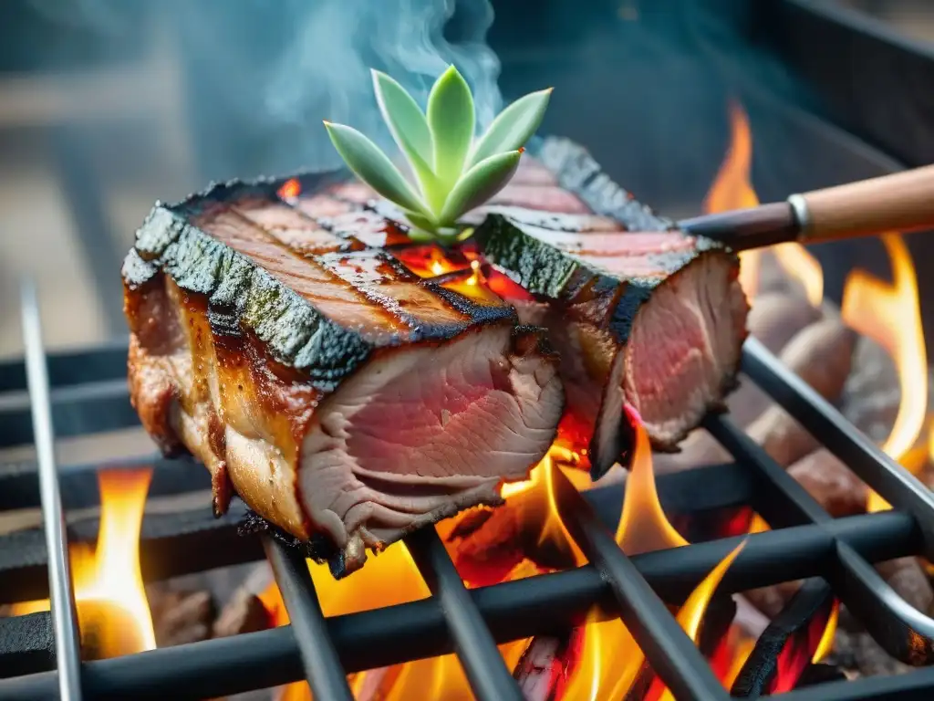 Deléitate con un suculento Carré de Cerdo asándose en una parrilla uruguaya, creando un asado perfecto