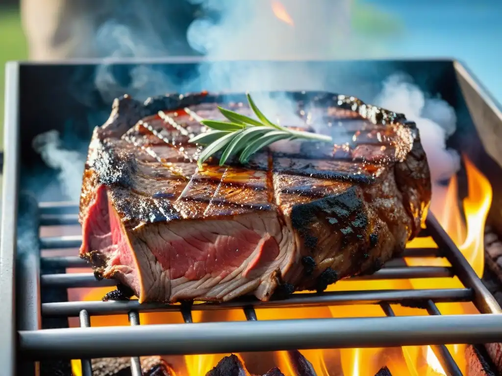 Un suculento churrasco uruguayo en la parrilla con gauchos y hierbas frescas, evocando la historia de los cortes uruguayos icónicos