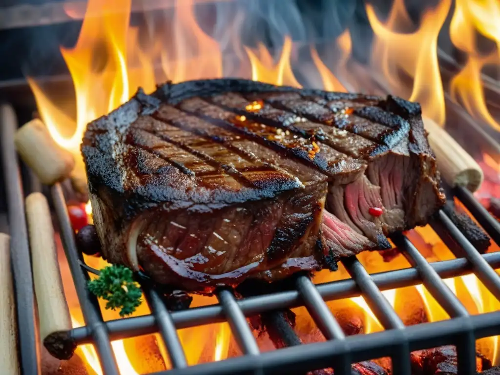 Un suculento churrasco uruguayo en la parrilla, resaltando las mejores técnicas de asado uruguayo con caramelización y hierbas aromáticas