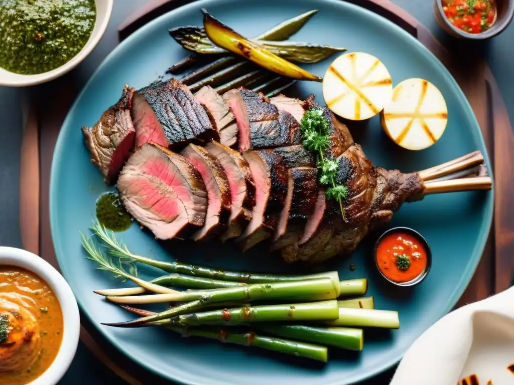 Un suculento cordero asado uruguayo, con técnicas asado cordero uruguayo, hierbas, verduras y chimichurri en una parrilla rústica