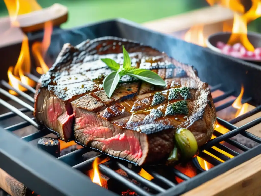 Un suculento corte de asado del Centro en la parrilla, con chimichurri y vegetales a la parrilla, en un patio soleado