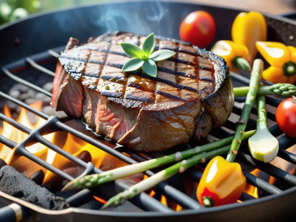 Un suculento corte de asado en la parrilla, acompañado de vegetales frescos, en un ambiente de barbacoa al aire libre