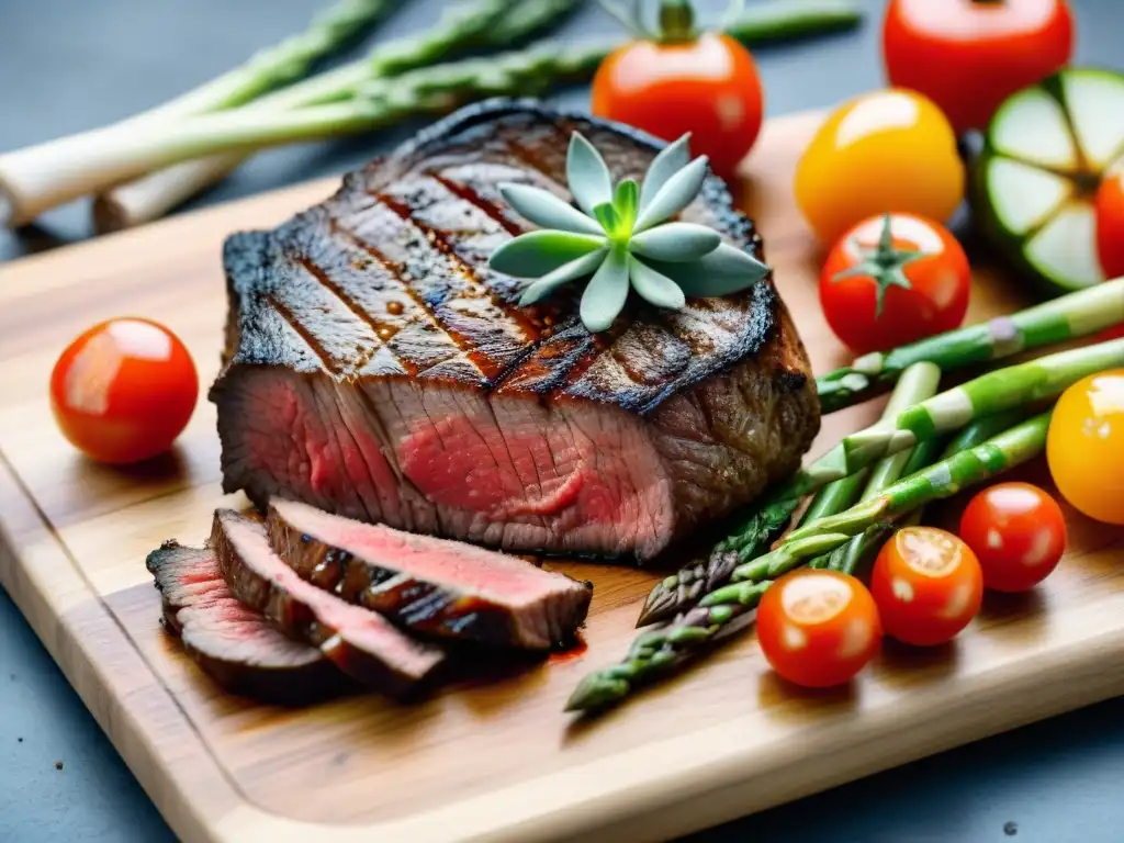 Un suculento corte de asado rodeado de coloridas verduras frescas, en una tabla de madera