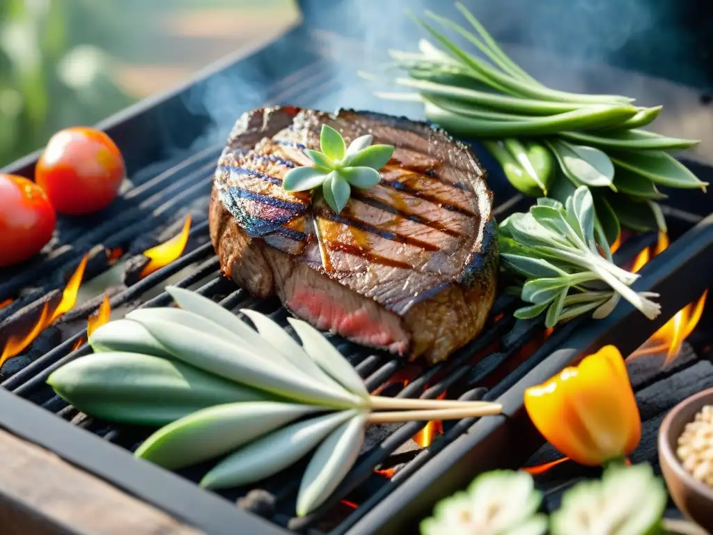 Un suculento corte bajo en grasa asado a la parrilla, rodeado de vegetales, en un entorno al aire libre