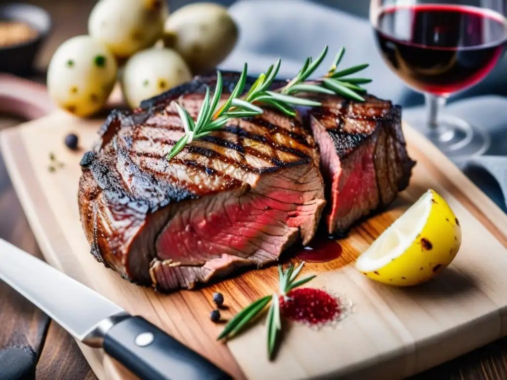 Suculento corte de carne asado, maridaje vino carne asado grasos, en tabla de madera con papas y vino tinto