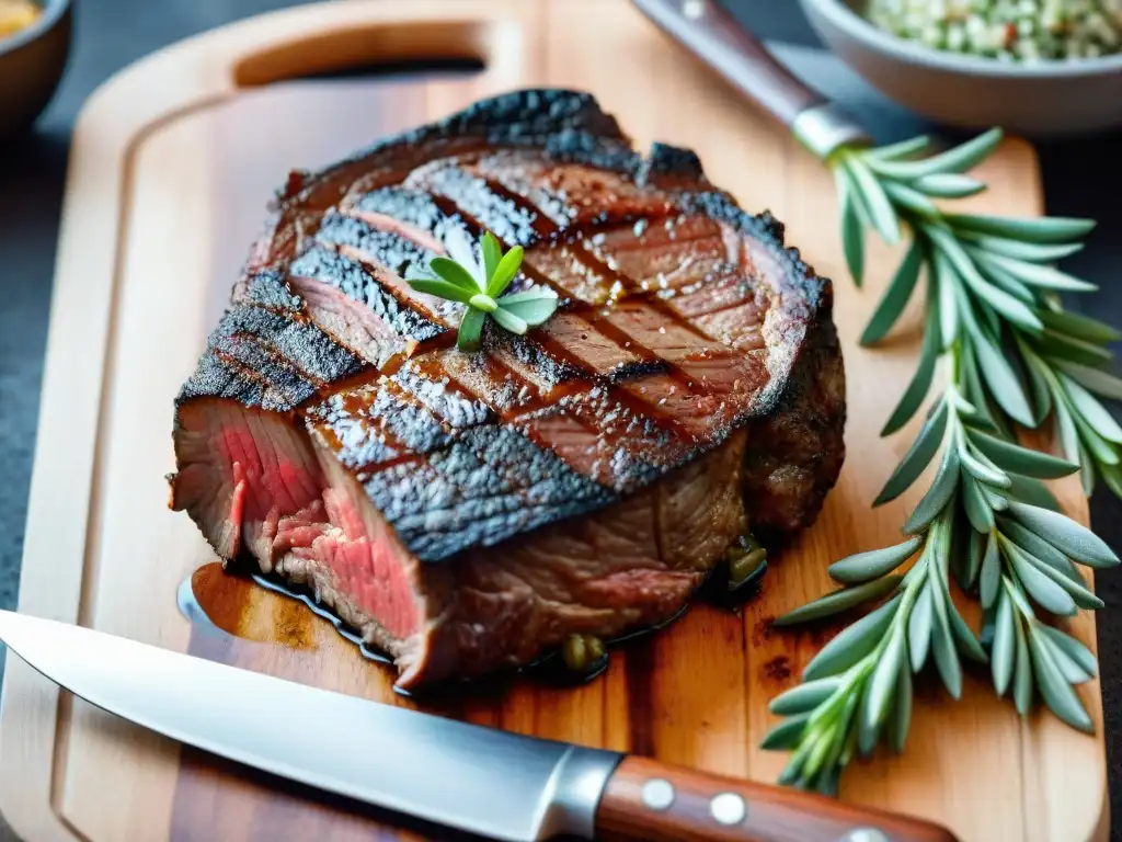 Un suculento corte de carne para asado argentino, perfectamente grillado y sazonado, en un ambiente campestre rústico