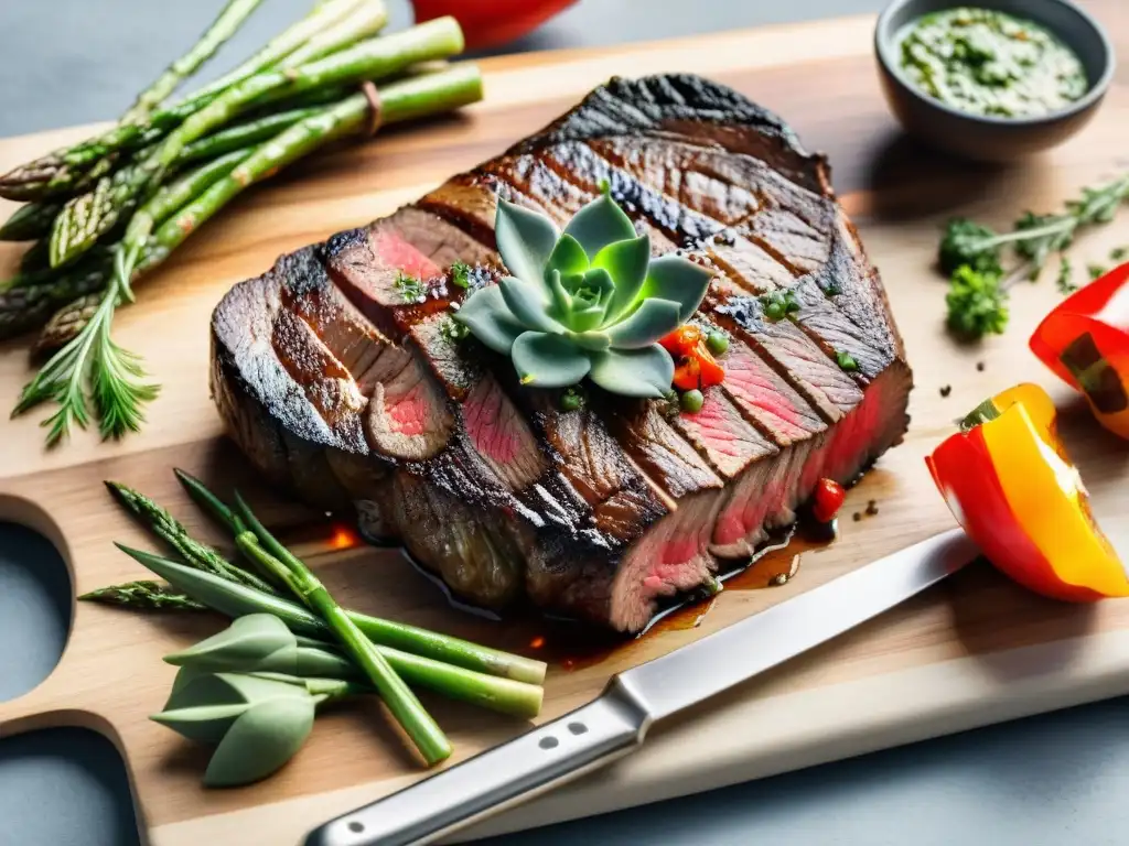 Un suculento corte de carne menos grasos en su punto, rodeado de vegetales a la parrilla y aderezos frescos