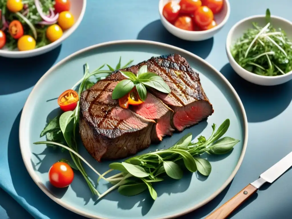 Delicioso filete de ternera uruguaya a la parrilla con ensalada fresca Un suculento corte de carne magra asado uruguayo con ensalada vibrante