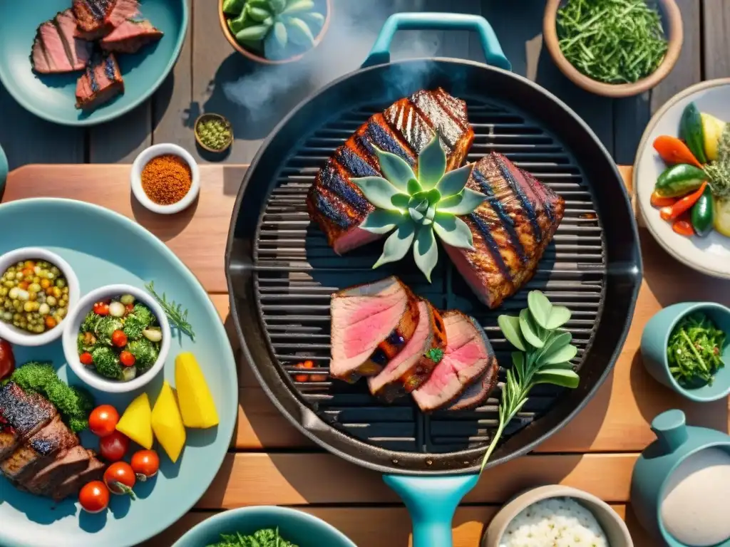 Un suculento corte exótico asado, marinado con hierbas y especias, en una parrillada perfecta al aire libre