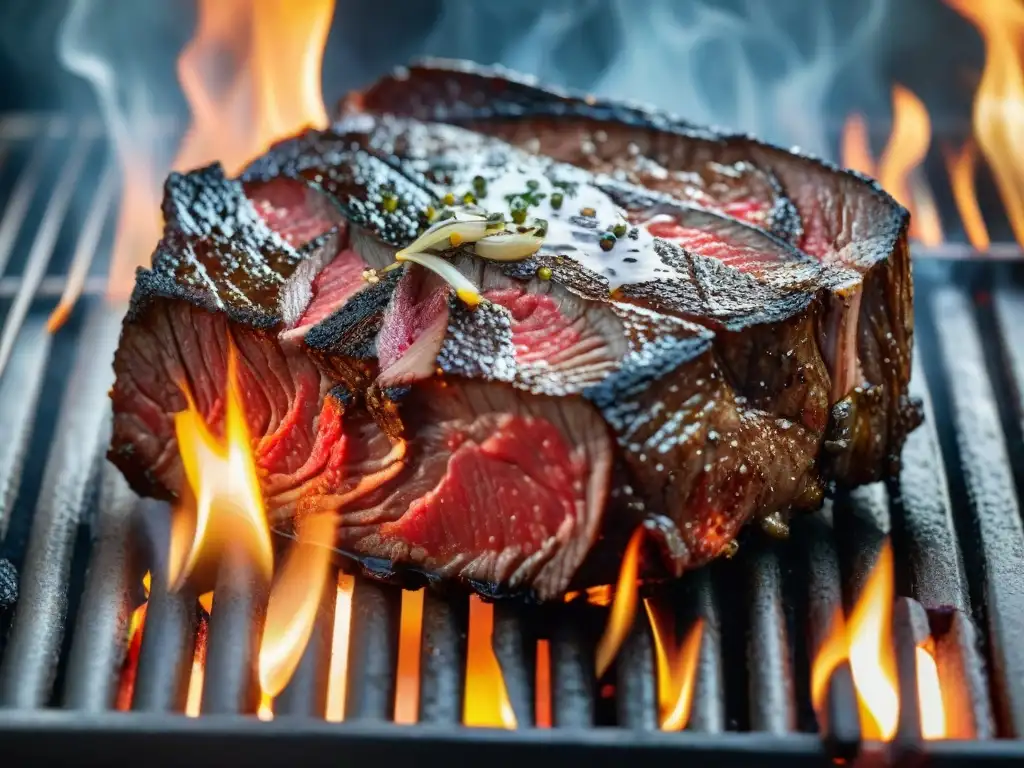 Un suculento corte de Wagyu en la parrilla, perfectamente sellado al punto, listo para tus recetas asado cortes inusuales