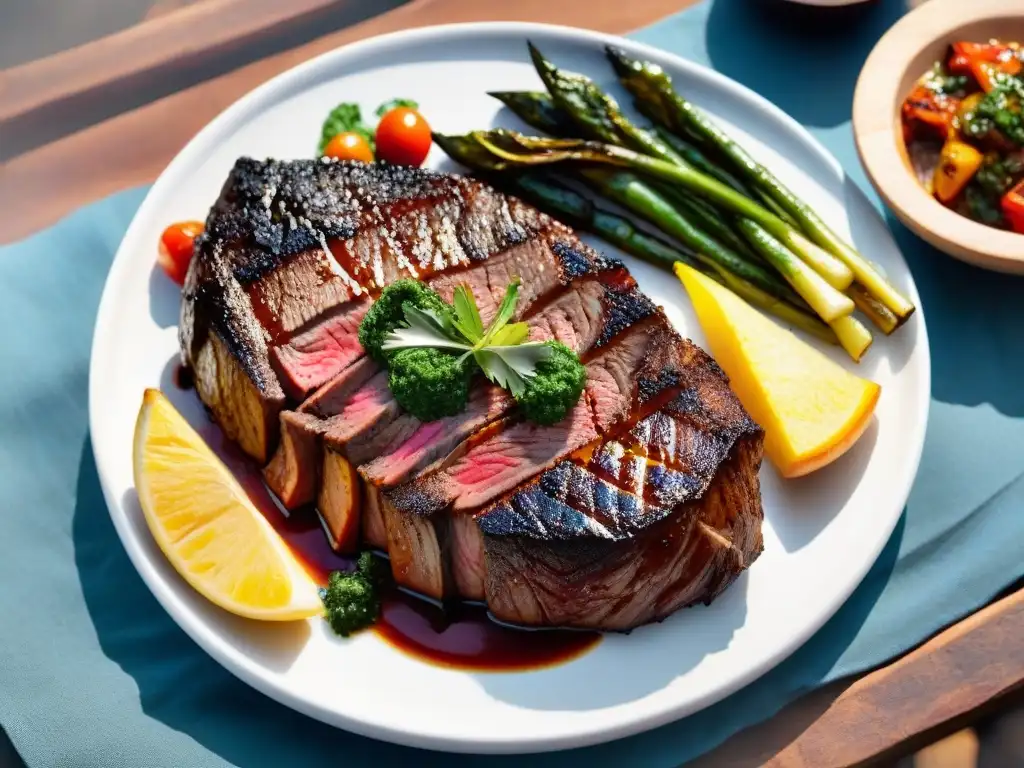 Un suculento Corte Punta de Espalda asado a la parrilla, con chimichurri y papas fritas, en un asado uruguayo