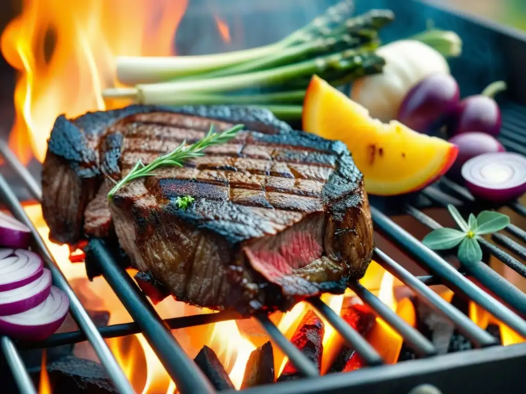 Un suculento Corte Punta de Espalda asado con vegetales y hierbas, cocinado a la parrilla bajo el sol