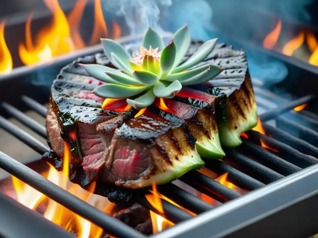 Un suculento corte secreto asado uruguayo en una parrilla ardiente, rodeado de hierbas frescas y vegetales coloridos