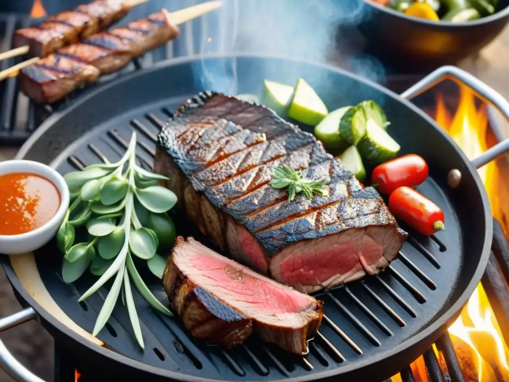 Un suculento corte secreto asado uruguayo, perfectamente sellado y jugoso, rodeado de hierbas frescas y vegetales coloridos en una parrilla caliente al aire libre, capturando la esencia de un asado uruguayo perfecto