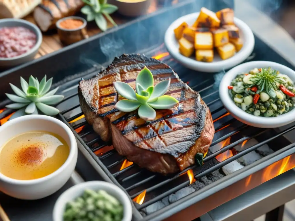 Un suculento corte secreto asado uruguayo en la parrilla, rodeado de hierbas y amigos felices en un entorno rústico