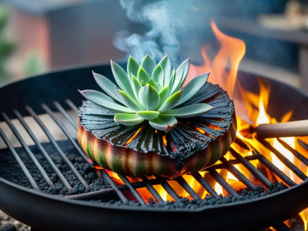 Un suculento costillar a la estaca en una parrilla uruguaya, rodeado de vegetales coloridos y hierbas aromáticas