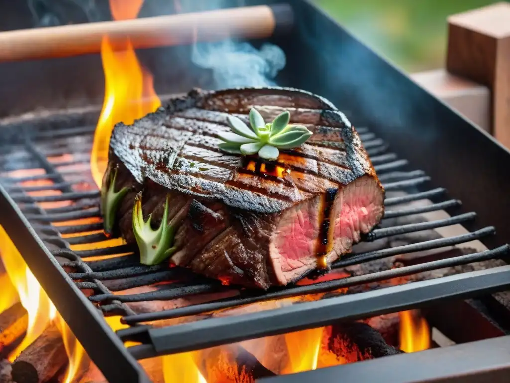 Un suculento filete perfectamente asado en parrilla uruguaya, con jugos tentadores y hierbas aromáticas