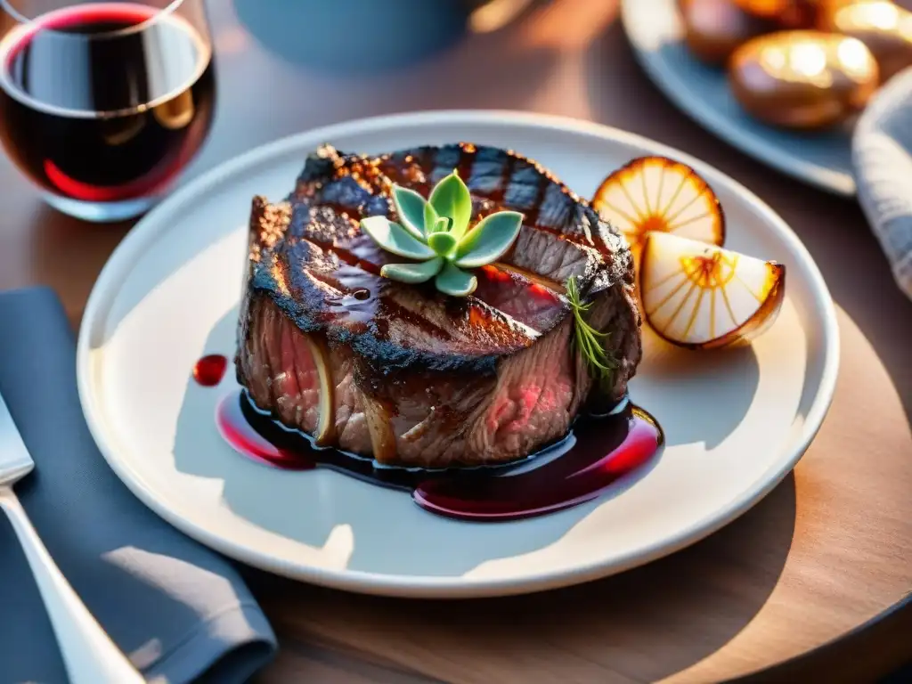 Un suculento filete de costilla al punto en la parrilla, con maridaje vino carne asado grasos