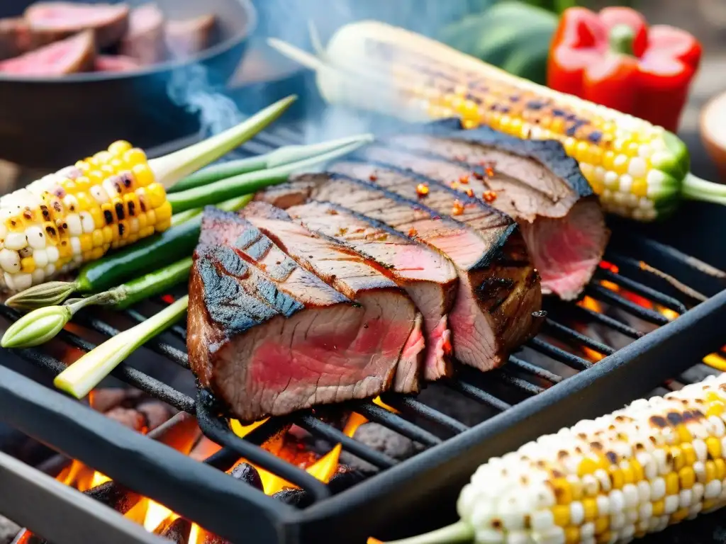 Un suculento filete de flanco asado a la parrilla con técnicas de asado cortes bajos, rodeado de verduras frescas listas para cocinar