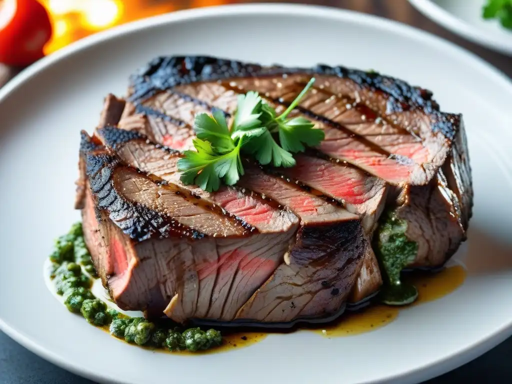 Un suculento filete recién hecho, bañado en salsa chimichurri, listo para degustar