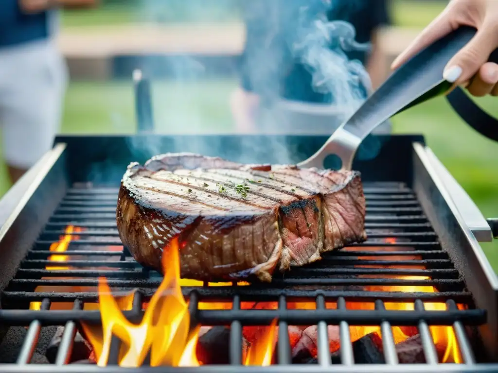 Un suculento filete a la parrilla con amigos y familia, resaltando el impacto del tiempo y la temperatura en la carne