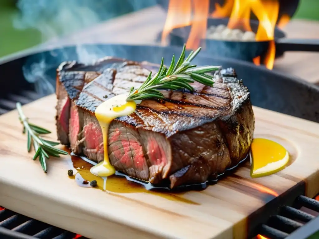 Suculento filete a la parrilla con mantequilla de hierbas, en un patio al atardecer