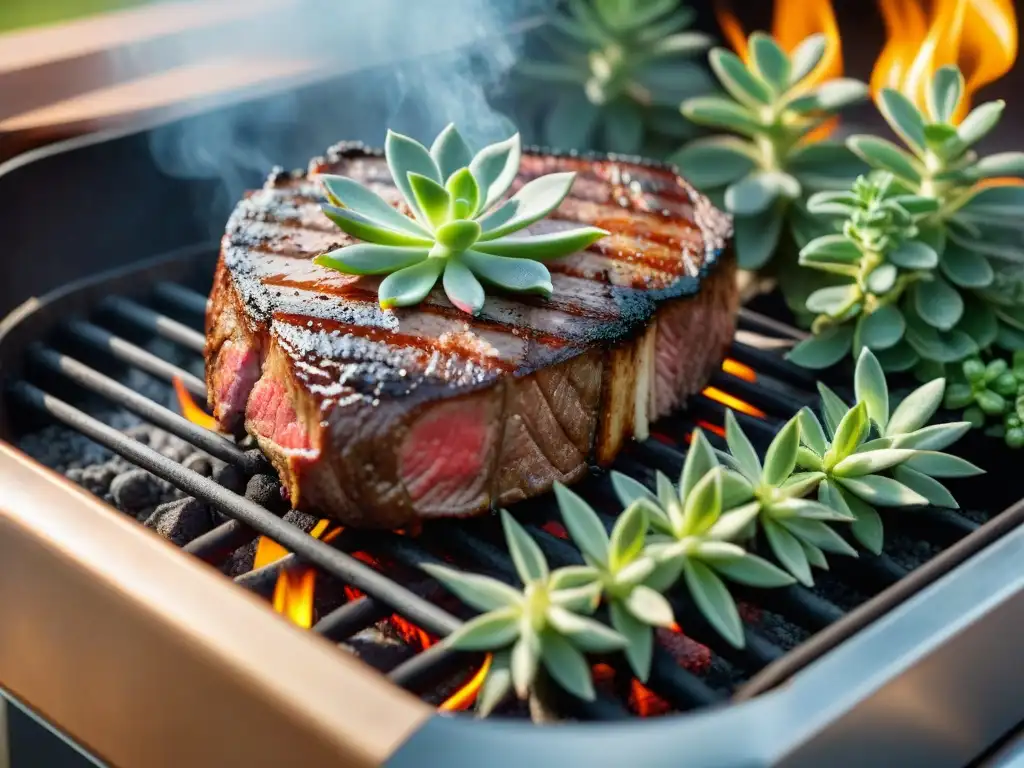 Un suculento filete a la parrilla con las mejores especias y hierbas frescas, bajo el sol brillante