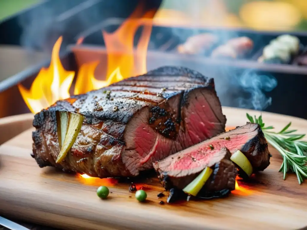 Un suculento filete a la parrilla con técnicas avanzadas asado perfecto, bañado por el cálido atardecer