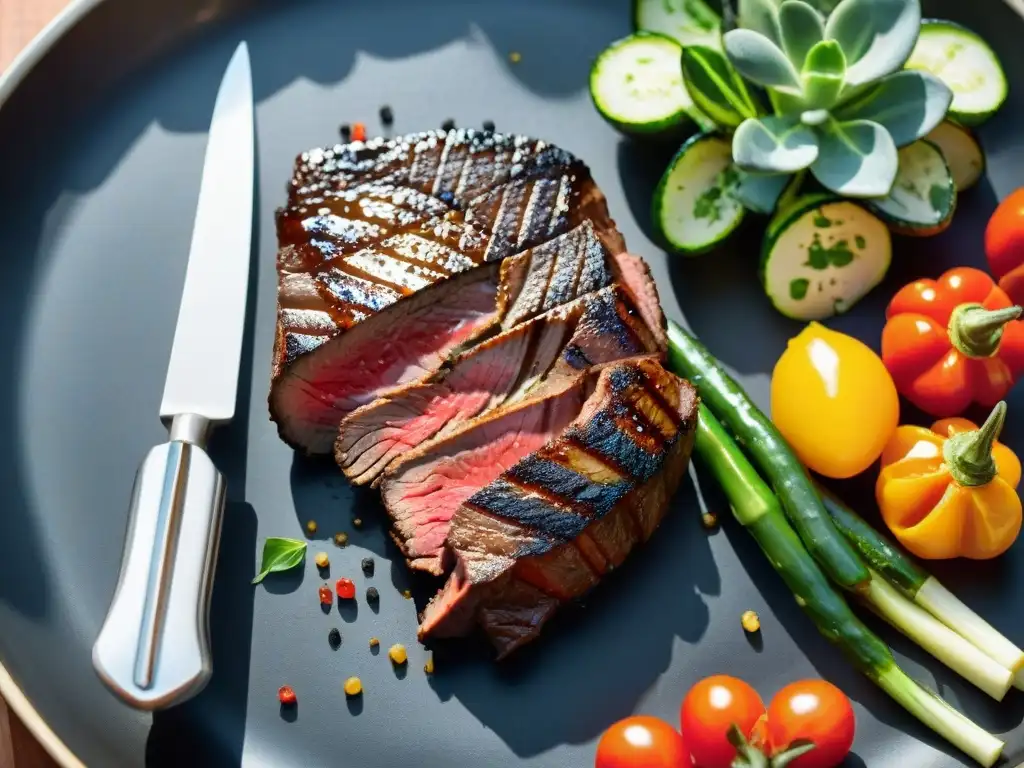 Un suculento filete a la parrilla con verduras asadas, hierbas frescas y sal marina