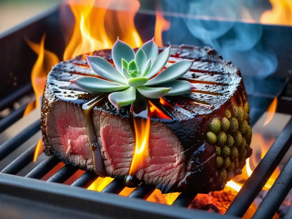 Un suculento filete a punto en la parrilla con un atardecer dorado en Punta del Este