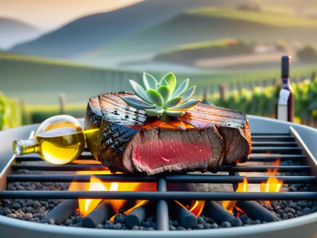 Un suculento filete a punto en la parrilla rodeado de vinos dulces, en un viñedo al atardecer