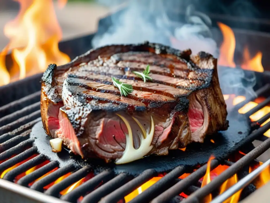 Un suculento filete de ribeye en la parrilla, con hierbas frescas y un día soleado