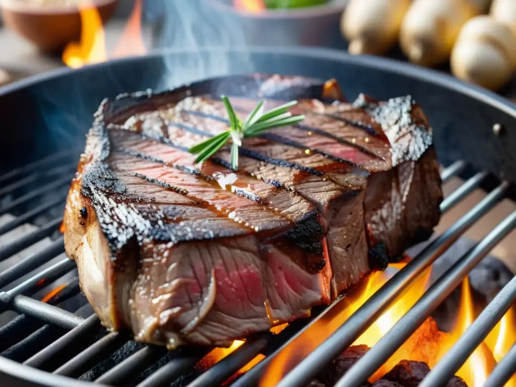 Un suculento filete sazonado chisporroteando en la parrilla, destacando las técnicas de salado para asados