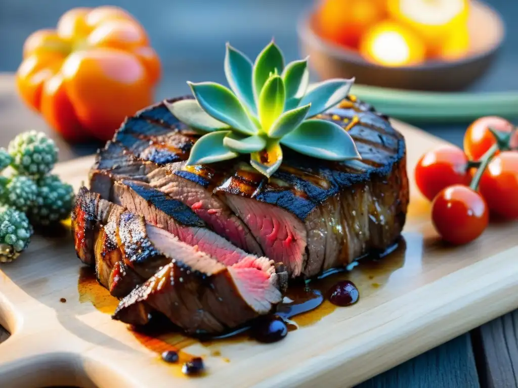 Un suculento filete a término medio, con mantequilla de hierbas derretida, rodeado de vegetales asados y maridaje vino carne asado grasos